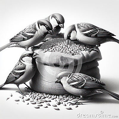 Birds eating grain from a bag on a light background. Stock Photo