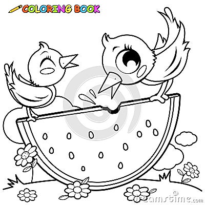 Birds eating a slice of watermelon. Vector black and white coloring page. Vector Illustration
