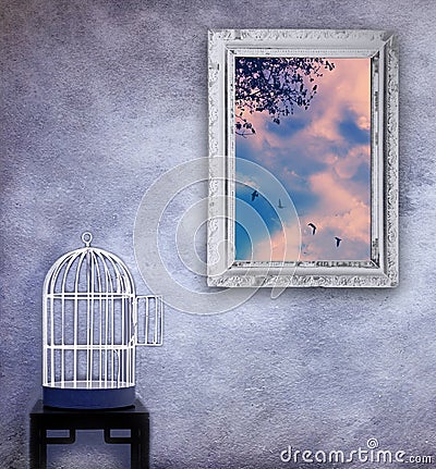 Birds escape from cage Stock Photo