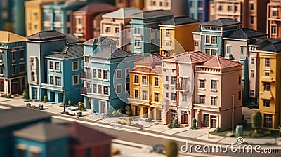 A birds eye view of a bustling residential neighbourhood, Miniature city layout. AI generated illustration Cartoon Illustration