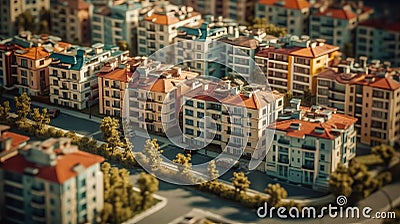 A birds eye view of a bustling residential neighbourhood, Miniature city layout. AI generated illustration Cartoon Illustration