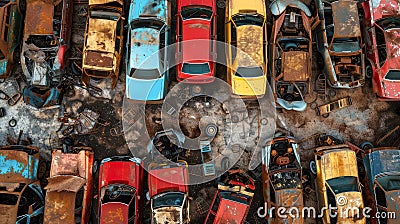 Birds eye view of a car junkyard Stock Photo