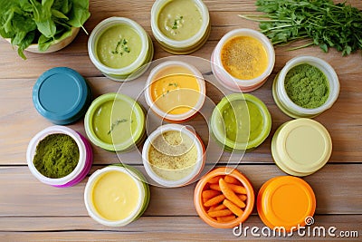 birds-eye-view of diverse organic baby food containers Stock Photo