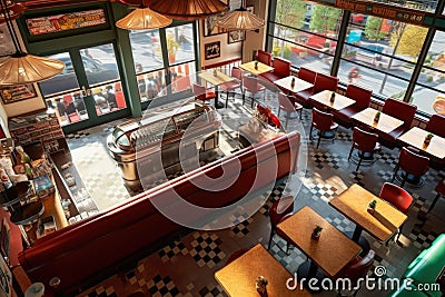 birds eye view of an empty retro diner interior Stock Photo