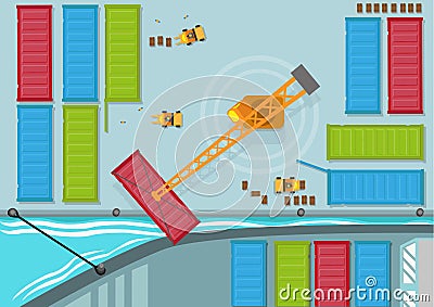 Birds Eye View of Shipping Container being moved into a shipping line. Editable Clip Art. Vector Illustration