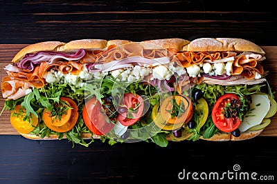 birds eye view of a submarine sandwich with various deli meats and cheeses Stock Photo