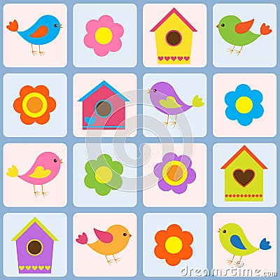 Birds, flowers and birdhouses Vector Illustration