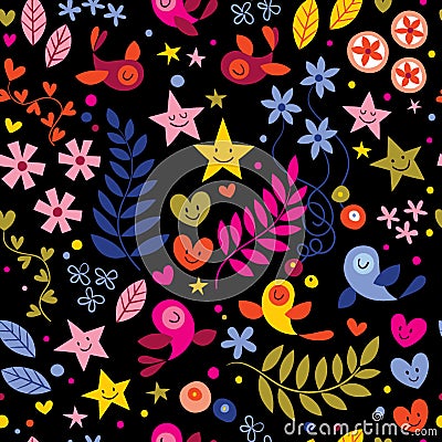 Birds and Flowers on Black Background Geometrical Pattern Seamless Repeat Background Stock Photo