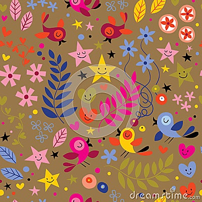 Birds and Flowers on Brown Background Geometrical Pattern Seamless Repeat Background Stock Photo