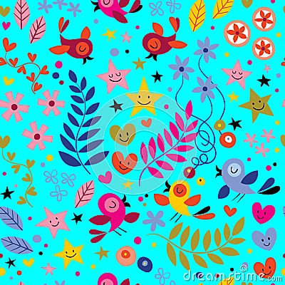 Birds and Flowers on Cyan Background Geometrical Pattern Seamless Repeat Background Stock Photo