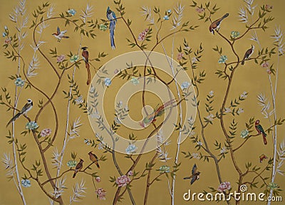 Birds and flowers on gold background Stock Photo