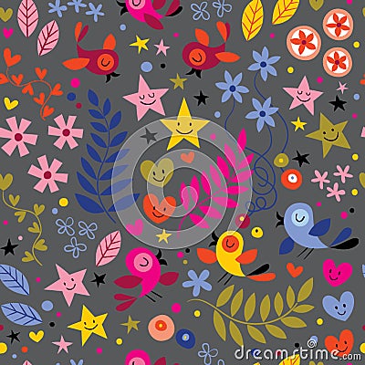 Birds and Flowers on Grey Background Geometrical Pattern Seamless Repeat Background Stock Photo