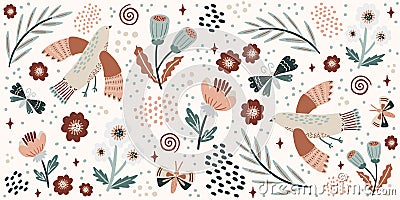 Hand-drawn imperfect birds, flowers, and butterflies. Horizontal floral banner design template. Vector Illustration