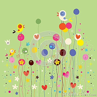 Birds, flowers and hearts nature love Vector Illustration