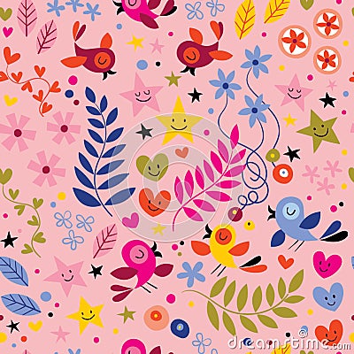 Birds and Flowers on Pink Background Geometrical Pattern Seamless Repeat Background Stock Photo