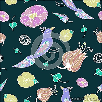 Birds and flowers seamless vector pattern on black background Vector Illustration