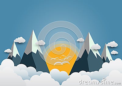 Birds fly to the sun and beautiful mountains with beautiful clouds.paper art Vector Illustration