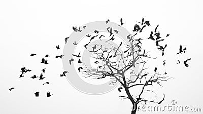 Birds fly from the tree like leaves by the wind Stock Photo