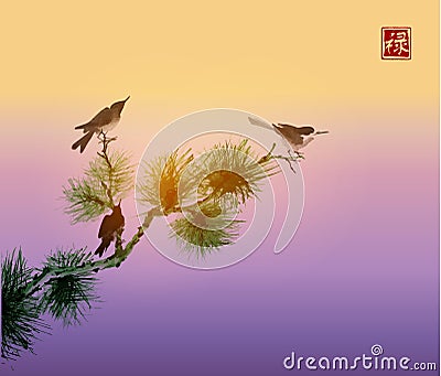 Birds and green pine tree branch. Traditional oriental ink paint Vector Illustration
