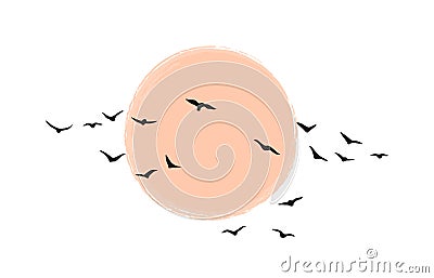 Birds Group Flying Against the Sun or Moon Vector Illustration