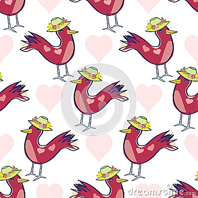 Birds In Hats Vector Repeat Pattern Vector Illustration