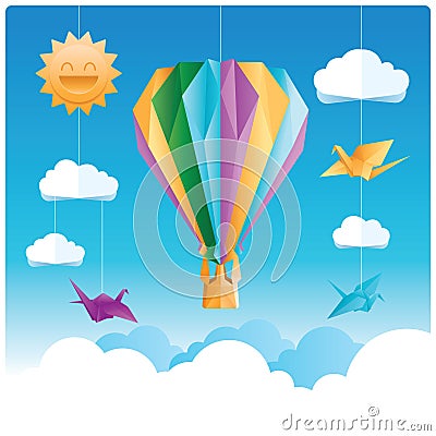 Birds and hot air balloon origami with clouds and sun Stock Photo