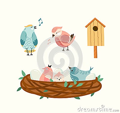 Birds illustrations set. Vector singing birds in the nest with eggs and chick, birdhouse seasonal flat style collection Vector Illustration