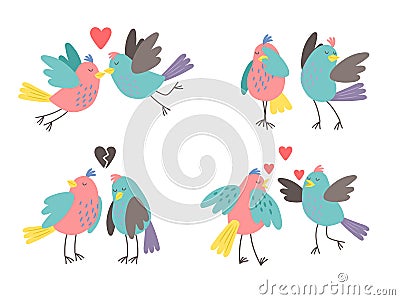 Birds love characters. Cute bird valentines, hugging chirping kissing funny spring birdie family character couple vector Vector Illustration