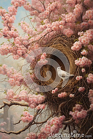 birds nest with eggs in blossoming tree Stock Photo