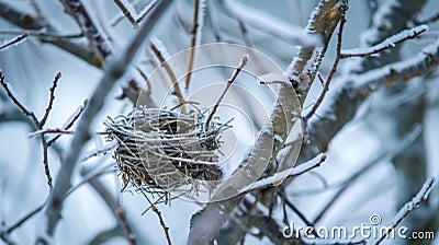 A birds nest sits empty in a tree its inhabitants fleeing from the brutal ice storm brought on by Mother Natures icy Stock Photo