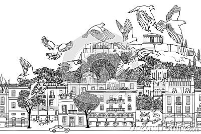 Birds over Athens Vector Illustration