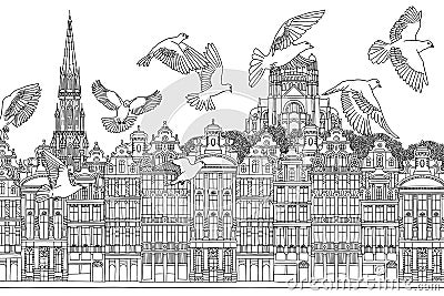 Birds over Brussels, Belgium, with Basilica and townhall Vector Illustration