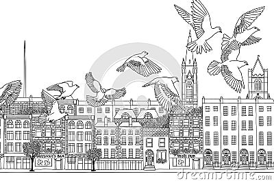 Birds over Dublin Vector Illustration