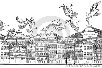 Birds over Kathmandu Vector Illustration