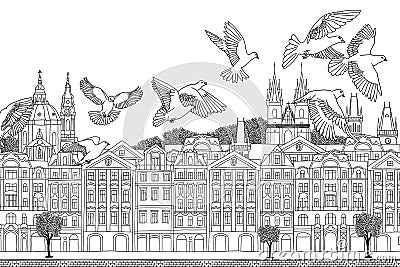 Birds over Prague Vector Illustration