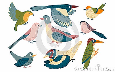 Birds set vector illustration in cartoon style. Flying little cute birds collection of robin, jay, magpie, pigeon, woodpeckers, Vector Illustration