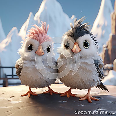 Little Cute Finches: Unreal Engine 5 Cartoon Birds In Romantic Snow Scenes Stock Photo