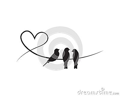 Birds silhouettes on wire in shape of heart, vector. Wall decals, wall artwork. Minimalist poster design Stock Photo