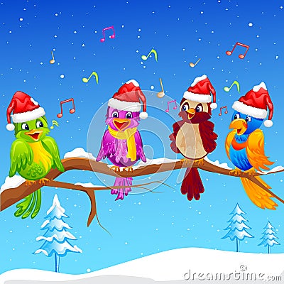 Birds singing Christmas Carol Cartoon Illustration