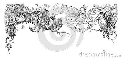Birds Singing with a Fairy, vintage illustration Vector Illustration