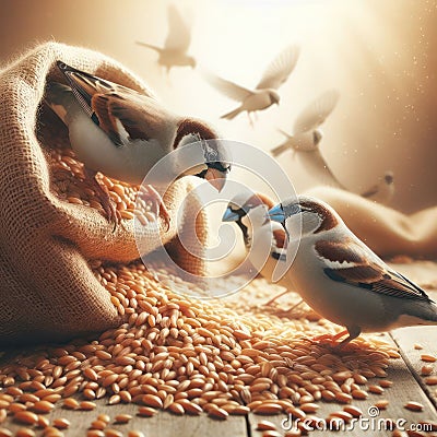 Birds sitting on a bag of wheat. Stock Photo