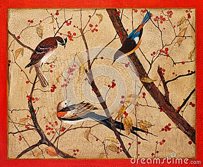 Birds are sitting on the branches with red berries. Handmade vintage design Stock Photo