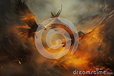 Birds soaring through the smoky sky, trying to escape the approaching fire Cartoon Illustration