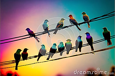 birds on a telephone wire impression painting in bright colors Stock Photo