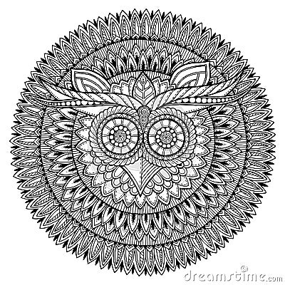 Birds theme. Owl black and white mandala with abstract ethnic aztec ornament pattern. Vector Illustration