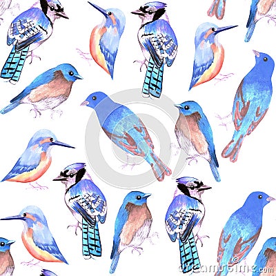 Birds in tints and shades of blue seamless watercolor bird painting background Stock Photo