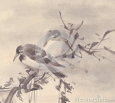 Birds on a tree autumn landscape ink painting Stock Photo