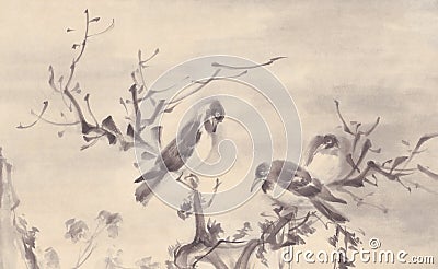 Birds on a tree autumn landscape ink painting Stock Photo