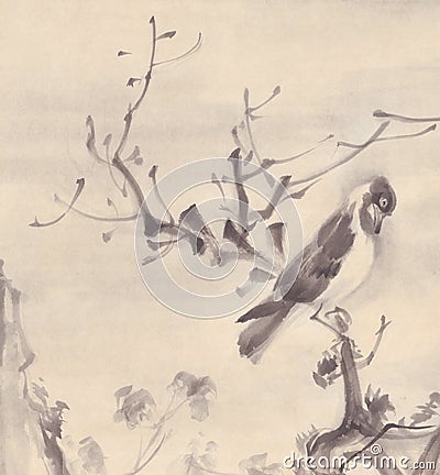 Birds on a tree autumn landscape ink painting Stock Photo