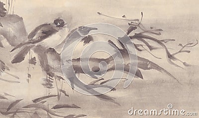 Birds on a tree autumn landscape ink painting Stock Photo